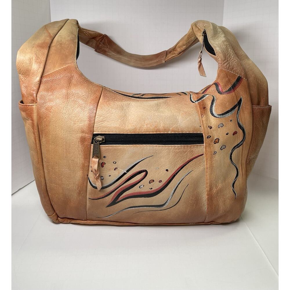 Vintage 1980s Hand Painted Leather Hobo Shoulder Tote Bag Emily Ann Boca Raton